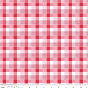 Przez The Continuous HALF YARD - May Belle autorstwa Jodi Nelson z Pleasant Home dla Riley Blake, #C7654-RED Plaid w kratkę w kolorze czerwonym, różowym i białym