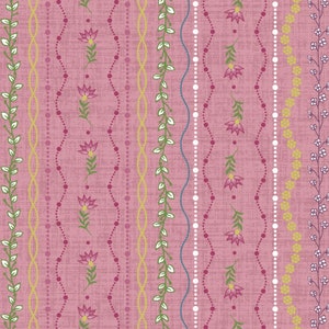 May include: A seamless pattern featuring vertical stripes of various floral and geometric designs. The background is a pale pink with a textured appearance. The stripes include a row of small white dots, a row of yellow dots, a row of green leaves, a row of yellow and white dots, a row of blue and white dots, a row of green leaves, a row of yellow and white dots, and a row of pink flowers with green stems.