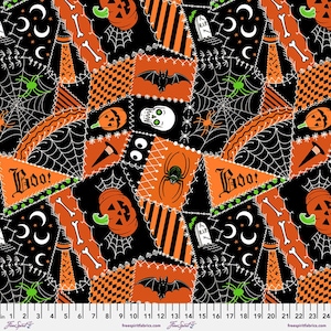 May include: A black and orange Halloween fabric with a patchwork design. The fabric features various Halloween icons, including pumpkins, bats, spiders, ghosts, and the words "Boo!"
