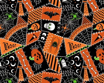 May include: A black and orange Halloween fabric with a patchwork design. The fabric features various Halloween icons, including pumpkins, bats, spiders, ghosts, and the words "Boo!"