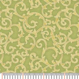 Puede incluir: Tela verde con un patrón floral dorado. El patrón es un diseño repetitivo de hojas y enredaderas estilizadas.