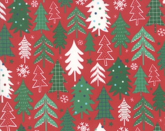 RARE - By The Continuous HALF YARD - Jolly Season by Abi Hall for Moda, #35343-14 Plaid Pine Tree Forest on Christmas Red, Snowflakes