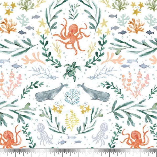 RARE - 8" REMNANT - La Mer by Clara Jean for Dear Stella Fabrics, Pattern #2479 Under the Sea on White, Octopus, Whales