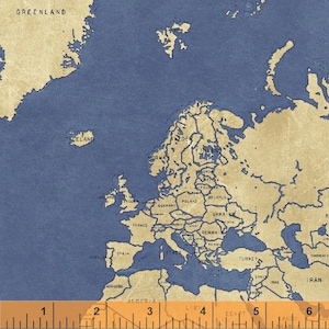 May include: A detailed map of Europe and surrounding areas, with countries labeled in a vintage style. The map features a blue background with tan-colored landmasses and borders. A ruler is at the bottom, marked in inches.