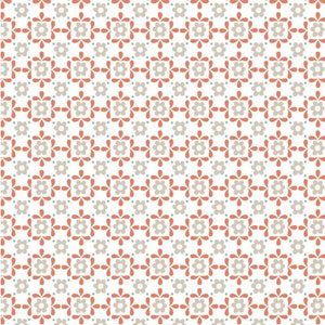By The HALF YARD - Mitzi and Sam by Lewis and Irene, #A106.2 Linen Daisy on White, Orange Tear Drop Squares with Taupe Flowers and Teal Dots