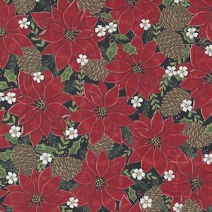 RARE - By The Continuous HALF YARDS - Holly Berry Tree Farm by Deb Strain for Moda, #56031-14 Red Poinsettia and Pinecone Toss on Charcoal