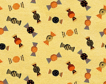 RARE - By The Continuous HALF Yard - Cheekyville by DT-K Signature for Studio e, #4668-44 Tossed Patterned Halloween Candy on Light Gold