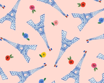 RARE - By The Continuous HALF YARD - Ooh La La van Carolyn Gavin voor Windham, #51491-4 Tossed Ton Blue Eiffel Towers and Flowers on Pink