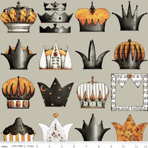 May include: A beige fabric with a repeating pattern of black, white, and orange crowns. The fabric has a ruler printed on the bottom edge with inches marked. The text "Once upon a time" is printed on the fabric.
