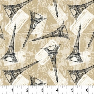 RARE - By The Continuous HALF YARD - Merci Paris by Whistler Studios for Windham Fabrics, #52140-2 Tossed Black Eiffel Towers on Cafe Tan