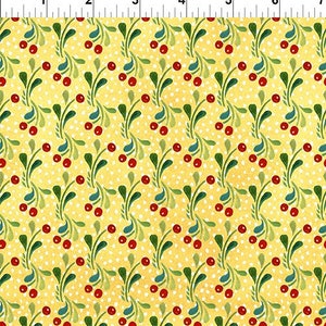 RARE - 9&quot; REMNANT - Snowy by Julie Paschkis for In The Beginning Fabrics, #8JPL-1 Red Berries and Green Leaves on Yellow