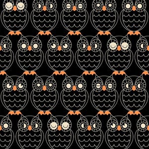 May include: A black background with a repeating pattern of white owls with orange feet. The owls have different facial expressions, some with closed eyes and some with open eyes.