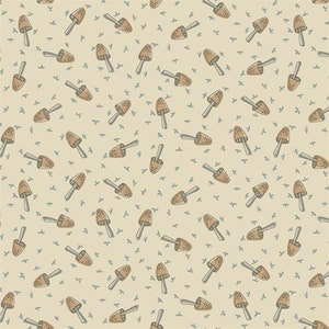 Puede incluir: Un patrón sin costuras que presenta champiñones marrones con tallos blancos sobre un fondo beige. Los champiñones están dispersos aleatoriamente y todos miran en la misma dirección. El fondo es de color beige claro.