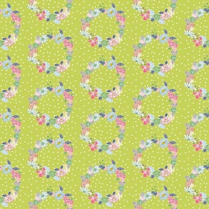 Peut inclure: Un motif sans couture représentant des couronnes vertes de fleurs roses, bleues et blanches sur un fond vert lime avec des pois blancs.