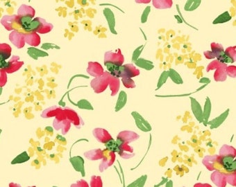 Rare - By The Continuous HALF YARDS - Adelaide by Dear Stella, #528 Tonal Tossed Pink and Yellow Blossoms on Light Yellow, Green Leaves