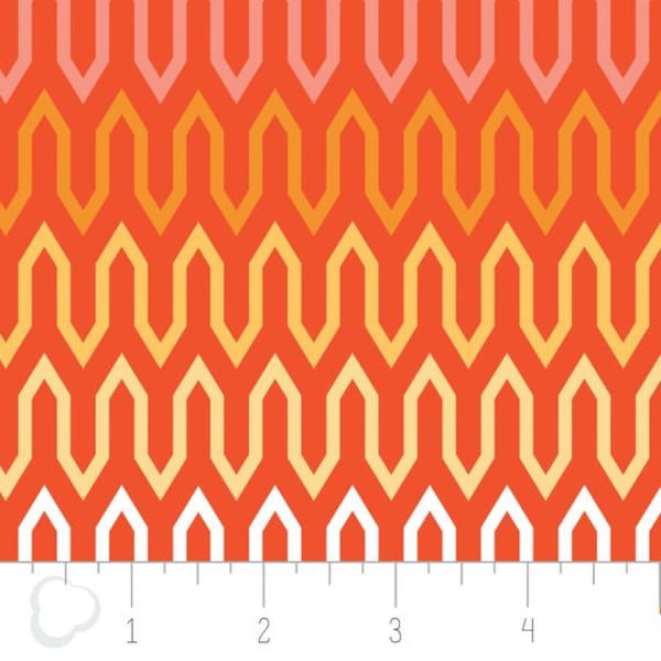 By The Continuous HALF YARD - Spectrum by Camelot, #2141907-3 Fretwork in Chamomile, Yellow, Orange, Pink Zig Zag Print on Bright Orange