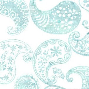 By The HALF YARD - Bali Batiks Paisley-kollektion, Hoffman Fabrics M2746-536 Vattumannen, Olika paisleyformer i akvamarin, turkos och krämfärgad