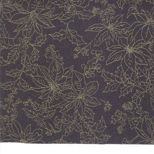 RZADKIE - By The Continuous HALF YARDS - Forest Frost Glitter by Moda, #33521-18MG Konturowane metaliczne złote gwiazdy betlejemskie na błyszcząco-czarnym węglu