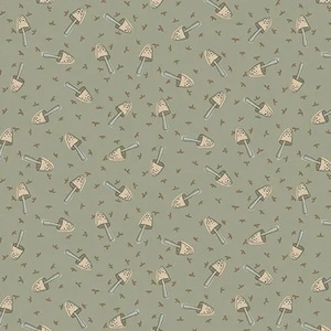 Puede incluir: Un patrón sin costuras que presenta un diseño repetitivo de champiñones beige con tallos marrones sobre un fondo verde salvia.