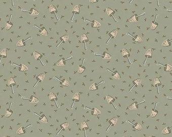 RARE - By The Continuous HALF YARD - Down by the Veggie Patch by Anni Downs for Henry Glass, #2251-76 Tossed Mushrooms on Greenish Blue
