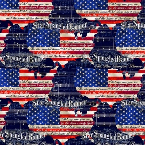 Raro - Por La Media Yarda Continua - Nosotros La Gente por Tesoros Atemporales, #8319-MULTI Star Spangled Banner Text, Map Flags on Music Black