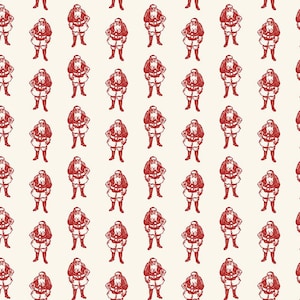 Może przedstawiać: Powtarzający się wzór czerwonych ilustracji Świętego Mikołaja na kremowym tle. Każdy Święty Mikołaj jest przedstawiony w klasycznym stroju z białą brodą i paskiem. Odpowiedni dla produktów o tematyce świątecznej.