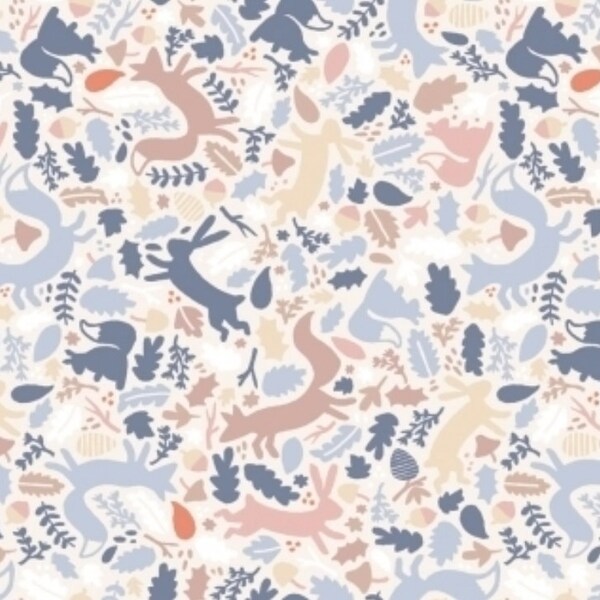 RARE - By The Continuous HALF YARD - Cold Comfort by Dear Stella, Pattern #838 Multi Colored Animal and Leaf Silhouettes on Creamy White