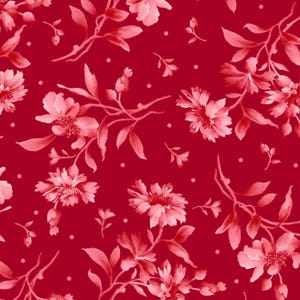 By The HALF YARD - Gradiance for Maywood Studios, Pattern #8343-R Tonal Red, Pink and White Tossed 3” Flowers and Dots on Red