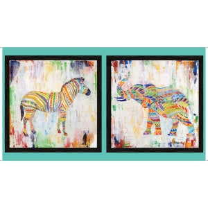 RARE - 24&quot; X 43&quot; PANEL - Kunstwerke XIII von Tava Studios für Quilting Treasures, #27313-X Rainbow Animal Panel, Zebra und Elefanten Blöcke