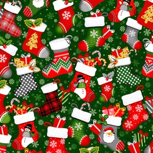 RARE - By The Continuous HALF YARD - Noel by Oasis Fabric Designs, Pattern #59-442 Tossed Christmas Stockings and Snowflakes on Green