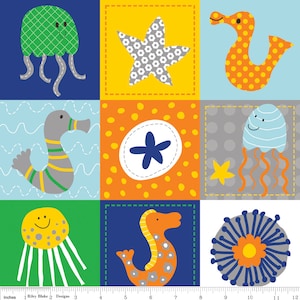 PANEL - In The Ocean by Lesley Grainger for Riley Blake, #C4115 Blue Friends, Panel Measures 12&quot;X44&quot;, 3 Rows of 11 - 4&quot;X4&quot; Blocks, 33 Total