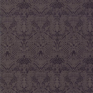 May include: A dark purple fabric with a repeating pattern of intricate, white lace designs. The pattern features crowns, floral motifs, and geometric shapes.