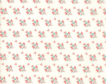 RARE - By The Continuous HALF Yard - Farmhouse II by Fig Tree & Co for Moda Fabrics, #20327-25 Poppy and Teal Tossed Buds on Creamy White
