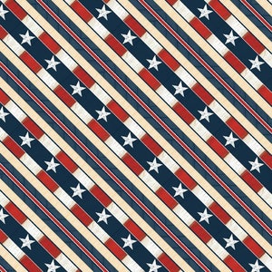 By the HALF YARD - Heritage by Stephanie Marrott for Wilmington, #84406-134 Ticking Stripe, Creamy, Red, White, Blue Stripes on a diagonal