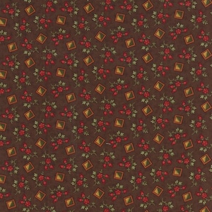 RARE - 16&quot; REMNANT - Castlewood by Jan Patek for Moda, #2144-14 Half Square Triangle Squares, Red Roses on Deep Woods Brown