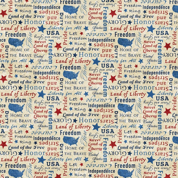 RARE - By The Continuous HALF Yard - Stars and Stripes by Deborah Edwards, Northcott #23461-12 Patriotic Inspirations, Maps, Stars on Cream