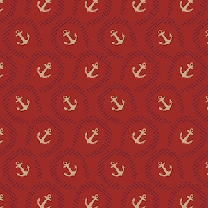 May include: A red background with a repeating pattern of navy blue diagonal lines and gold anchors. The anchors are inside circles with a white outline.