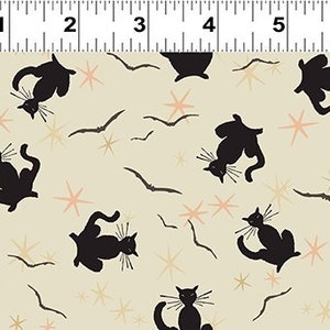 RARE - By The Continuous HALF YARDS - Retro Halloween by Dan DiPaolo for Clothworks, #Y3248-57 Tossed Black Cats, Bats, Starburst on Cream