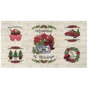 RARE - 24” X 44” PANEL - Holly Berry Tree Farm by Deb Strain for Moda Fabrics, Pattern #56030-11 Holiday Scene Blocks on Cream