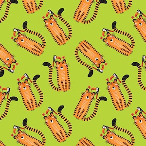 RARE - By The Continuous HALF YARD - Safari Fun by Terry Runyon for Benartex, #16012-43 Tiger Too Lime, Tossed Sitting Tigers on Lime Green