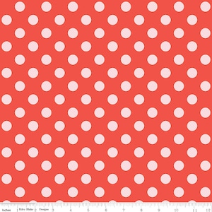 Può includere: Tessuto rosso con un motivo a pois bianchi. Il tessuto è un motivo ripetitivo di cerchi bianchi su uno sfondo rosso.