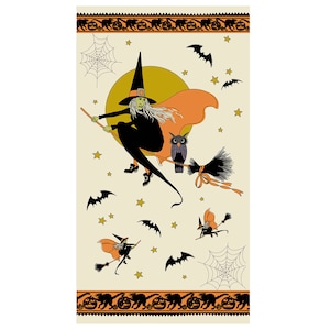 RARE- 24” X 44” PANEL - Witchypoo by Renee Nanneman for Andover, #A-253-L Dawn Cream, Flying Witches, Bats, Stars, Web, Moon, Cats, Pumpkins