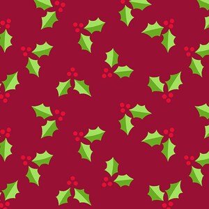 May include: A seamless pattern of green holly leaves with red berries on a burgundy background.