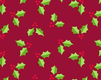 May include: A seamless pattern of green holly leaves with red berries on a burgundy background.