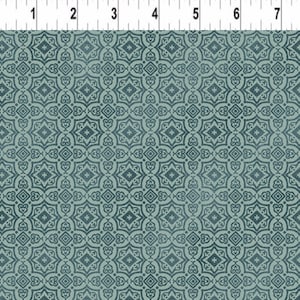 May include: A teal blue fabric with a repeating geometric pattern of interlocking squares and diamonds. The pattern is in a darker shade of blue.