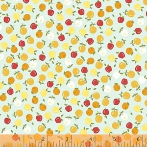 RARE - Por The Half Yard - Oh Clementine de Allison Harris para Windham #39284-2 Tossed Red, Orange & Yellow Apples en Aqua Blue