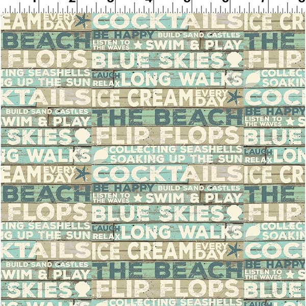 RARE - By The Continuous HALF YARD - Beach House by Dan DiPaolo for Clothworks, Pattern #Y2632-110 Mint and Cream Signs and Words