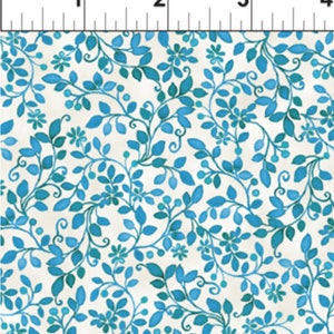 By The Continuous HALF YARD - Brianna by Gray Sky Studio for In The Beginning, #6GSB2 Sprigs Tonal Teal, Blue vines on a Creamy White