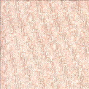 May include: A repeating pattern of geometric shapes in a salmon colour on a cream background. The design features lines and shapes that create an abstract, architectural feel. The pattern is dense and covers the entire surface.