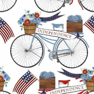RARE - 10&quot; REMNANT - American Spirit by Beth Albert for 3 Wishes, #16071 Patriotic Bicycles, Flowers, Flags, Banners on White